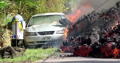 Lava engulfs a Ford Mustang in Puna, Hawaii