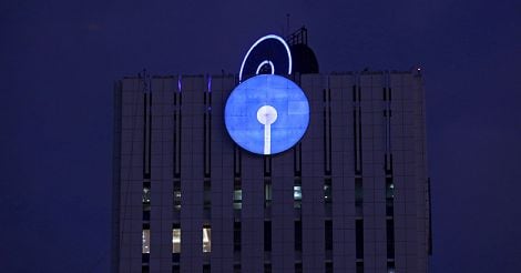 SBI Logo is pictured at its headquarters in Mumbai