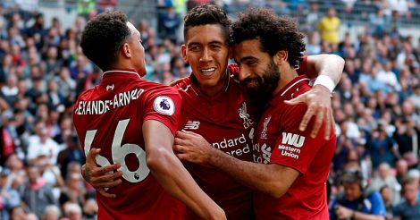 Roberto Firmino celebrates goal with Trent Alexander-Arnold and Mohamed Salah