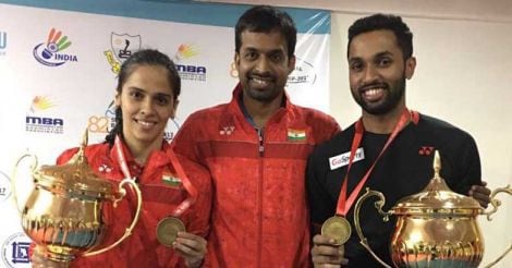 Saina-Nehwal-and-HS-Prannoy-with-coach-Pullela-Gopichand