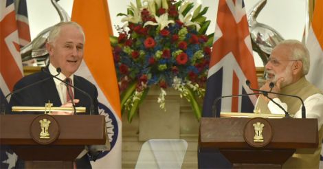 Malcolm Turnbull and Narendra Modi at the joint press statement, at Hyderabad House, in New Delhi.