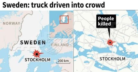 Map of Stockholm showing central location where a truck drove into a crowd.