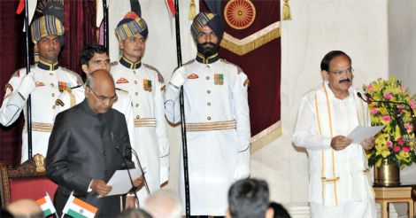 The President, Ram Nath Kovind administering the oath of office of the Vice President to M. Venkaiah Naidu, at a Swearing-in-Ceremony, at Rashtrapati Bhavan.