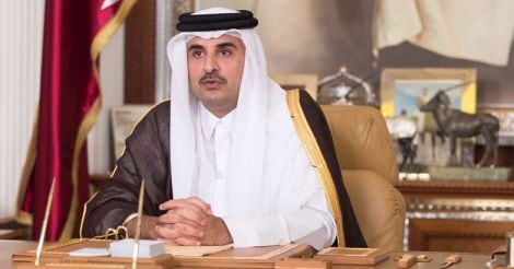 Emir of Qatar Sheikh Tamim bin Hamad Al Thani delivers a speech on National television.