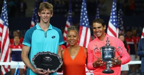 Kevin Anderson of South Africa and Rafael Nadal of Spain pose with USTA President Katrina Adams.