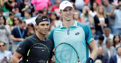 Kevin Anderson of South Africa takes a photo with Rafael Nadal of Spain in Men's Singles final match.