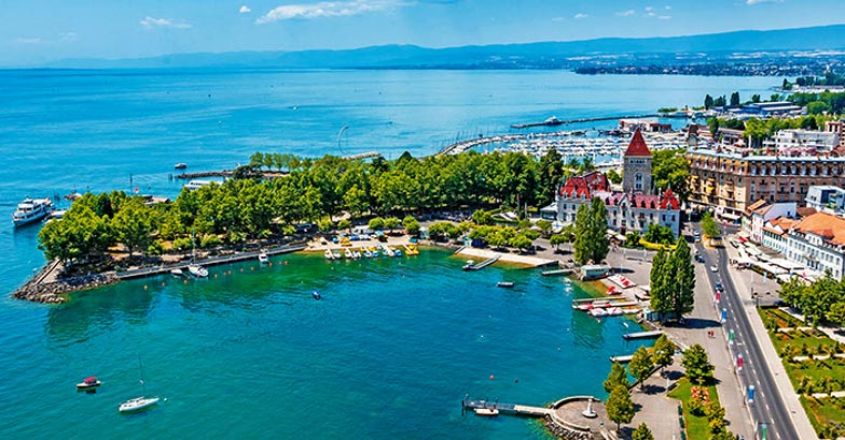 Aerial view of Leman lake -  Lausanne city in Switzerland