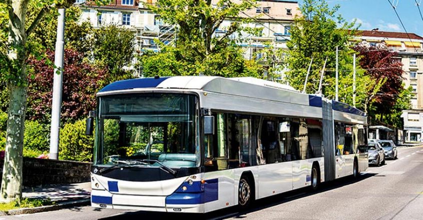 Trolleybus on a street of Lausanne - Switzerland