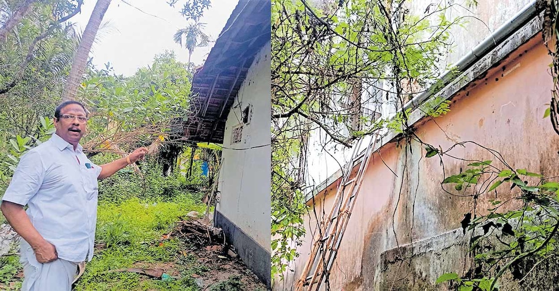 കെഎസ്എഫ്ഇ കെട്ടിടത്തിന്റെ ഉടമ വി.ഉത്തമൻ, കെഎസ്എഫ്ഇ ശാഖയിൽ മോഷണം നടത്താൻ ഉപയോഗിച്ച ഏണി ചാരി വച്ചിരിക്കുന്നു.