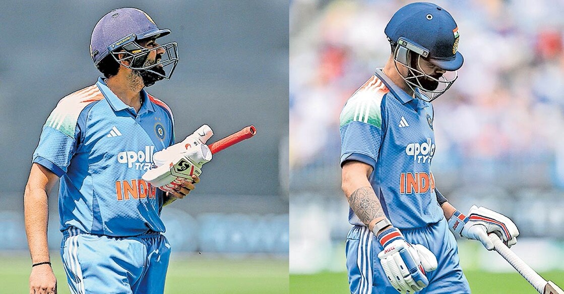 ഓസ്ട്രേലിയയ്ക്കെതിരായ മത്സരത്തിൽ പുറത്തായി മടങ്ങുന്ന രോഹിത് ശർമയും വിരാട് കോലിയും. 