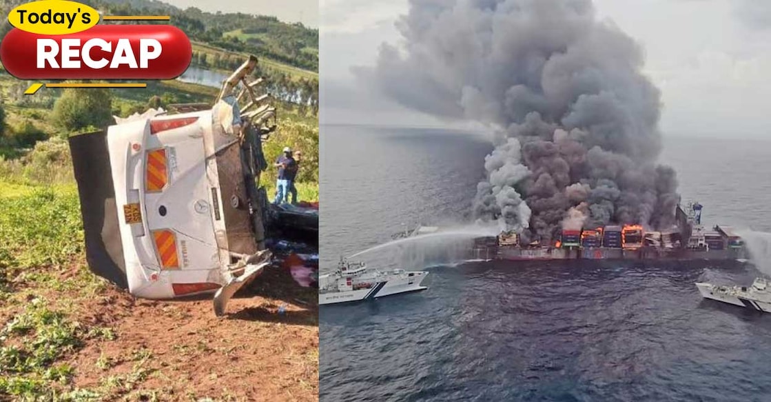 kenya-accident-ship-fire കെനിയയിൽ അപകടത്തിൽപ്പെട്ട ബസ് (Photo: Arranged), തീപിടിച്ച വാൻഹയി 503 കപ്പൽ. (ചിത്രം: Indian coast guard)