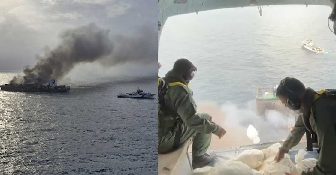 ship-chemical-powder-bomb വ്യോമസേനയുടെ ഹെലികോപ്റ്റർ വഴി ഡ്രൈ കെമിക്കൽ പൗഡർ ബോംബ് ഉപയോഗിച്ച് കപ്പലിലെ തീ കെടുത്താനുള്ള ശ്രമം (Image: Arranged)