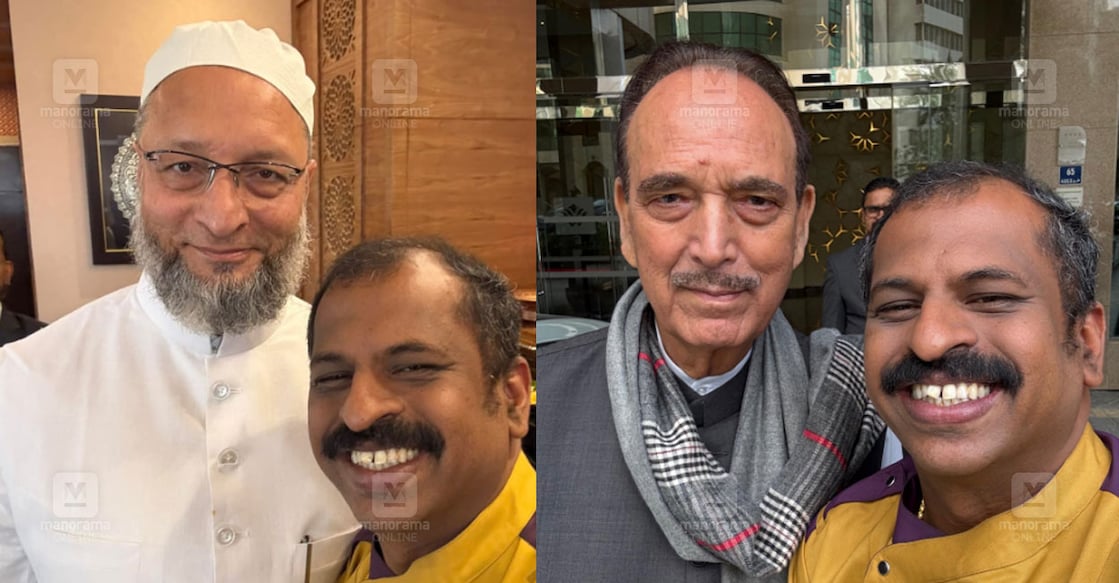 ഷെഫ് പിള്ള അസദുദീൻ ഉവൈസിക്കും ഗുലാം നബി ആസാദിനും ഒപ്പം (ചിത്രം ∙ മനോരമ)