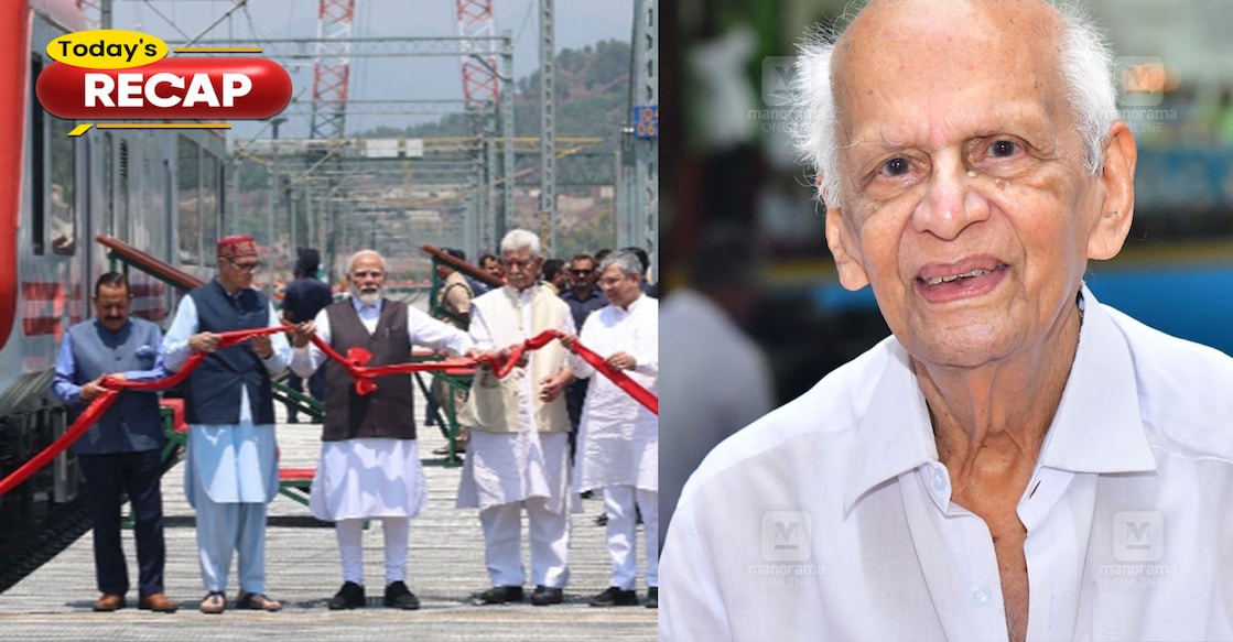 പ്രധാനമന്ത്രി നരേന്ദ്ര മോദി ചെനാബ് പാലത്തിന്റെ ഉദ്ഘാടനത്തിനിടെ (Photo: @narendramodi/X), തെന്നല ബാലകൃഷ്ണ പിള്ള (ചിത്രം:മനോരമ)