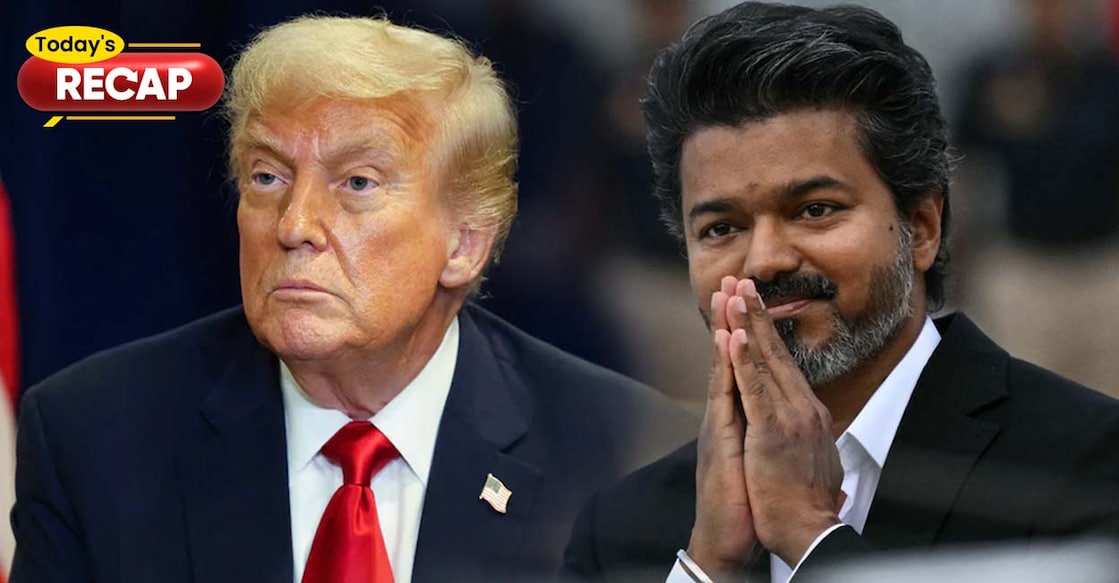 ഡോണൾഡ് ട്രംപ് (Photo: AFP), തമിഴ്നാട് മുഖ്യമന്ത്രി വിജയ് (Photo by R. Satish BABU / AFP)