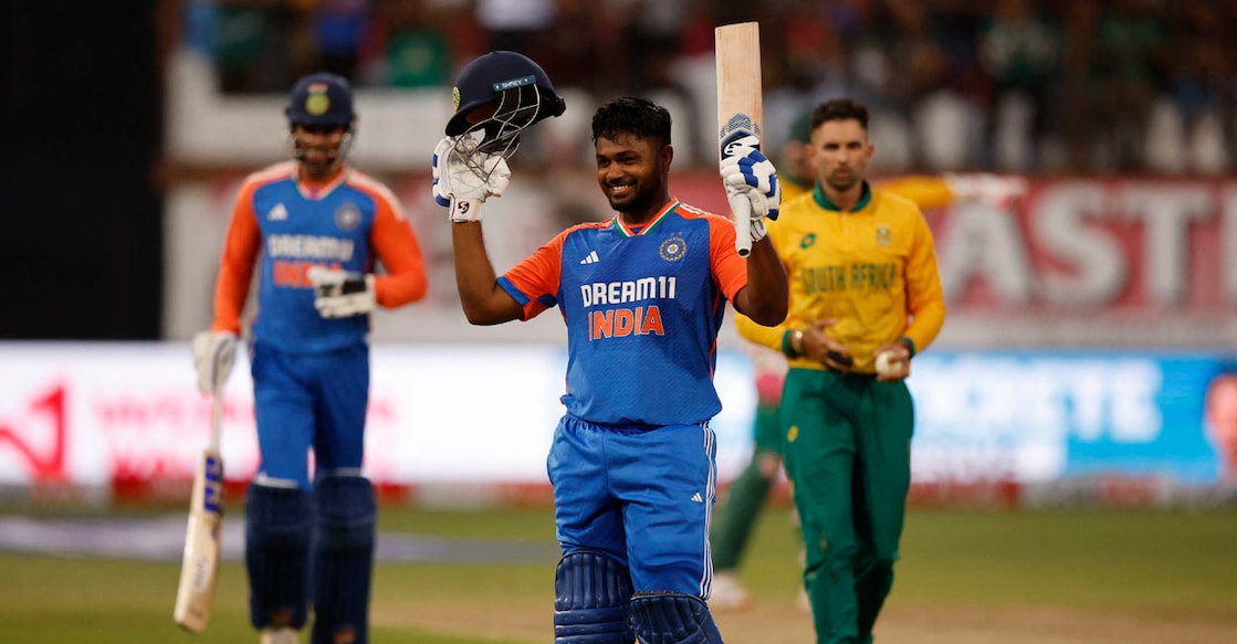 India's Sanju Samson celebrates reaching his period  during the archetypal  T20 planetary   cricket lucifer  betwixt  South Africa and India astatine  Kingsmead Stadium successful  Durban connected  November 8, 2024. (Photo by PHILL MAGAKOE / AFP)
