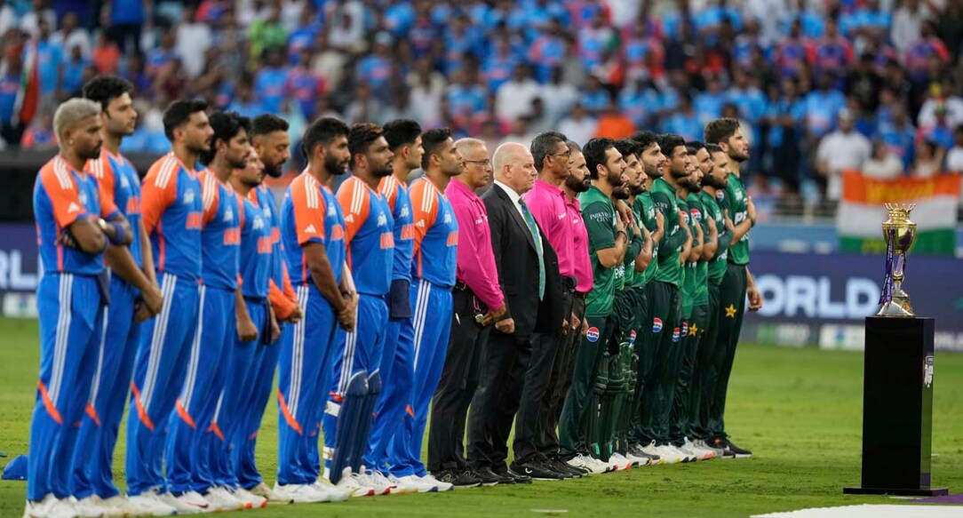 Pakistan players, right, basal   for their nationalist  anthem earlier  the commencement  of the Asia Cup cricket lucifer  betwixt  India and Pakistan astatine  Dubai International Cricket Stadium successful  Dubai, United Arab Emirates, Sunday, Sept. 14, 2025. (AP Photo/Altaf Qadri)