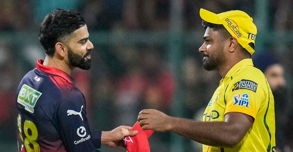  Royal Challengers Bengaluru's Virat Kohli, left, being congratulated by Chennai Super Kings' Sanju Samson aft  winning the Indian Premier League (IPL) 2026 T20 cricket lucifer  betwixt  Royal Challengers Bengaluru and Chennai Super Kings, successful  Bengaluru, Karnataka, Sunday, April 5, 2026. (PTI Photo/Shailendra Bhojak) (PTI04_05_2026_000752A)