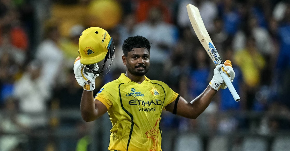 Chennai Super Kings' Indian cricket subordinate    Sanju Samson celebrates aft  scoring a period  (100 runs) during the 2026 Indian Premier League (IPL) T20 lucifer  betwixt  Mumbai Indians and Chennai Super Kings astatine  the Wankhede Stadium successful  Mumbai connected  April 23, 2026. (Photo by Punit PARANJPE / AFP) / -- IMAGE RESTRICTED TO EDITORIAL USE - STRICTLY NO COMMERCIAL USE --