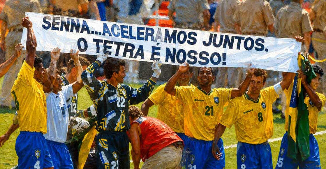Brazilian players with a banner honoring Senna after winning the 1994 World Cup. (Photo by Masahide Tomikoshi / TOMIKOSHI PHOTOGRAPHY)/ Creative Image: Chatgpt