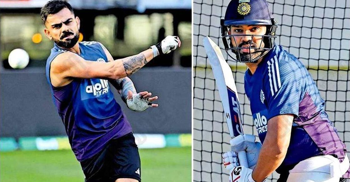 വിരാട് കോലി ഫീൽഡിങ് പരിശീലനത്തിനിടെ, രോഹിത് ശർമ ബാറ്റിങ് പരിശീലനത്തിൽ.