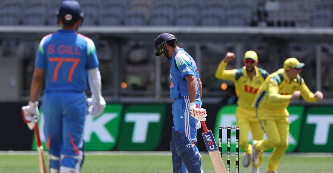 ഓസ്ട്രേലിയയ്ക്കെതിരായ ആദ്യ ഏകദിനത്തിൽ ഇന്ത്യയുടെ ഓപ്പണർ രോഹിത് ശർമ പുറത്തായപ്പോൾ. (Photo by COLIN MURTY / AFP)