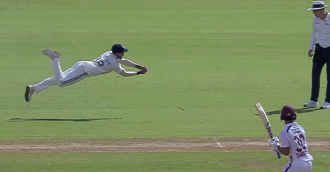 ചന്ദർപോളിനെ പുറത്താക്കാൻ നിതീഷ് റെഡ്ഡി എടുത്ത ക്യാച്ച്.