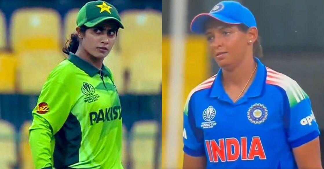 ഹർമൻപ്രീതിനെ തുറിച്ചുനോക്കുന്ന നഷ്ര സന്ധു (ഇടത്), ഹർമൻപ്രീത് കൗറിന്റെ പ്രതികരണം. (വലത്) X/@ravipratapdubey