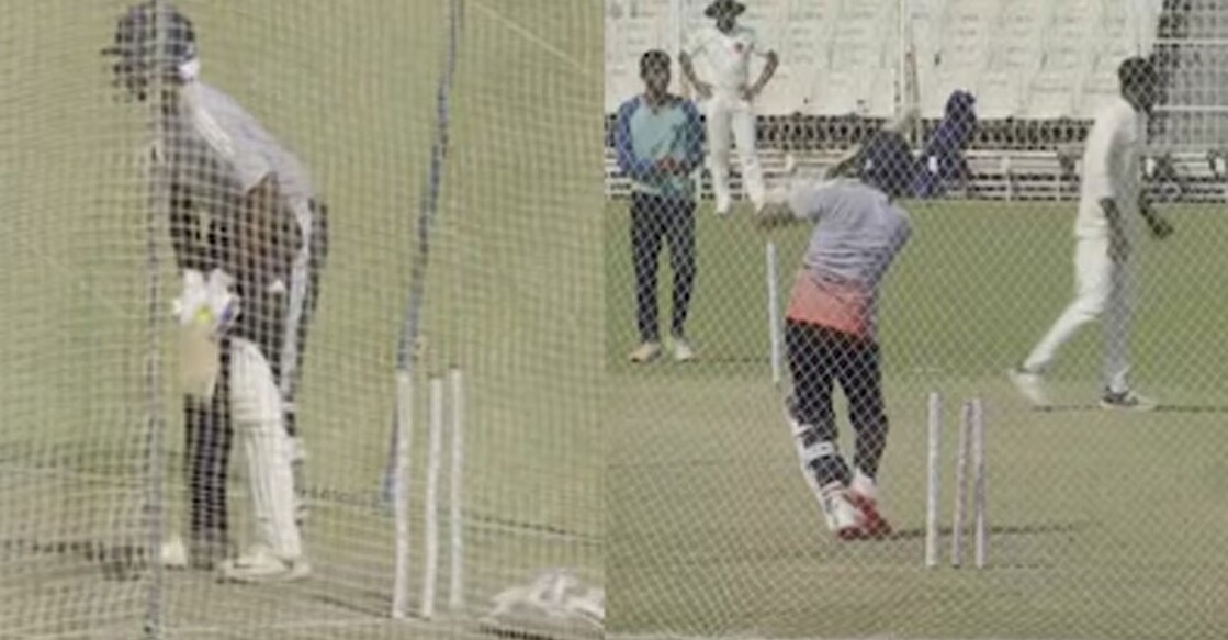 സായ് സുദർശനും (ഇടത്) ധ്രുവ് ജുറേലും ഒരു പാഡ് മാത്രമണിഞ്ഞ് ബാറ്റിങ് പരിശീലനത്തിടെ.