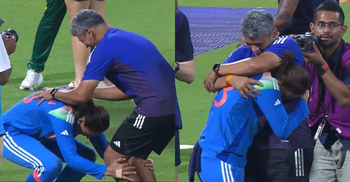 അമോൽ മജുംദാറിന്റെ കാൽതൊട്ട് അനുഗ്രഹം തേടുന്ന ഹർമൻപ്രീത് കൗർ