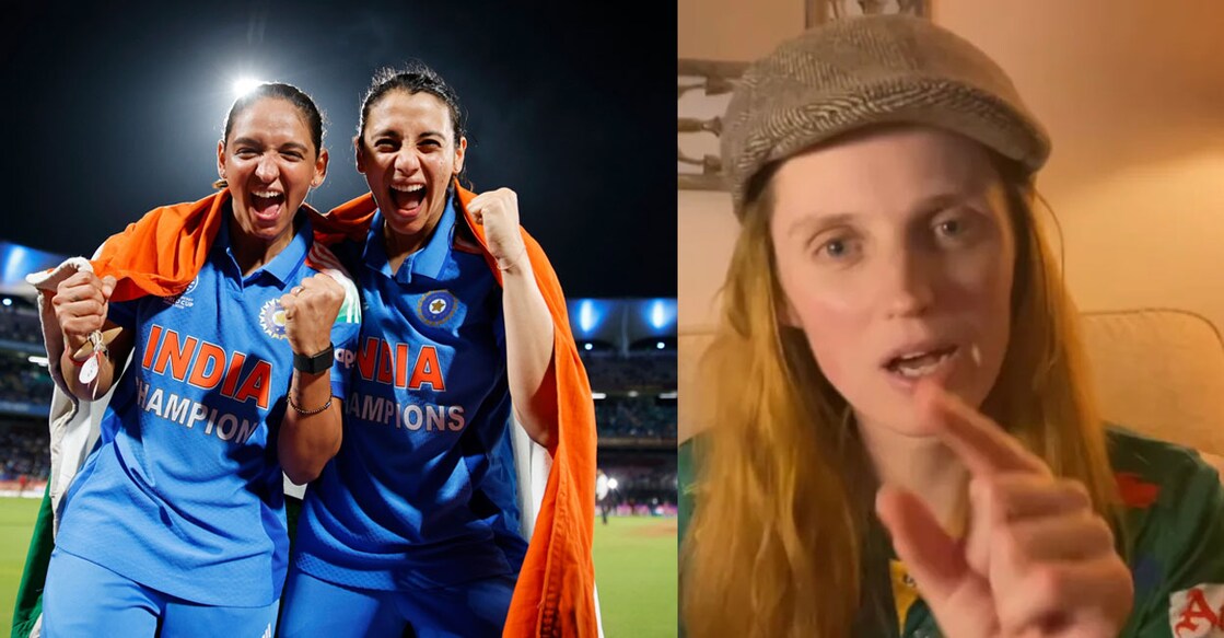 ലോകകപ്പ് ഫൈനൽ വിജയത്തിനു പിന്നാലെ ഇന്ത്യൻ ക്യാപ്റ്റൻ ഹർമൻപ്രീത് കൗറും വൈസ് ക്യാപ്റ്റൻ സ്മൃതി മന്ഥനയും (X/BCCi), ദക്ഷിണാഫ്രിക്കൻ നടി  തഞ്ച വൂർ (Instagram/cape_town_cricket_queen)
