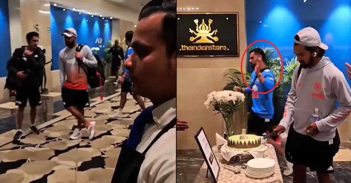 ദക്ഷിണാഫ്രിക്കയ്‌ക്കെതിരായ ആദ്യ ഏകദിനത്തിനു ശേഷം ടീം ഹോട്ടലിലെ ലോബിയിൽനിന്ന് സംസാരിക്കുന്ന ഗൗതം ഗംഭീറും രോഹിത് ശർമയും (ഇടത്), കെ.എൽ.രാഹുൽ കേക്ക് മുറിക്കുമ്പോൾ പുറകിലൂടെ നടന്നു നീങ്ങുന്ന വിരാട് കോലി (വലത്)