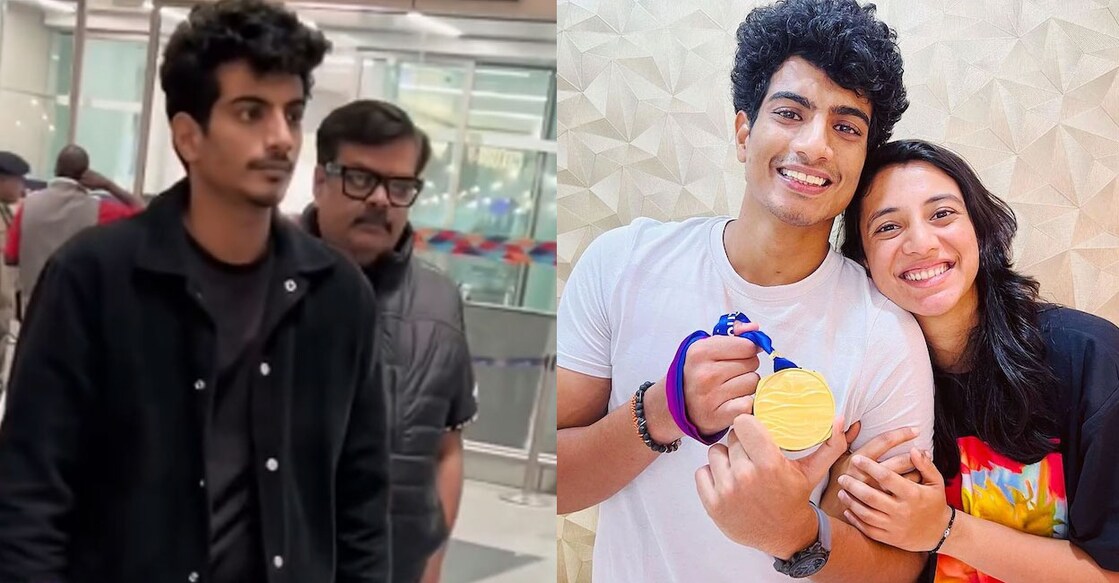 പലാശ് മുച്ഛൽ മുംബൈ വിമാനത്താവളത്തിൽ എത്തിയപ്പോൾ (ഇടത്), പലാശ് മുച്ഛലും സ്മൃതി മന്ഥനയും (വലത്)