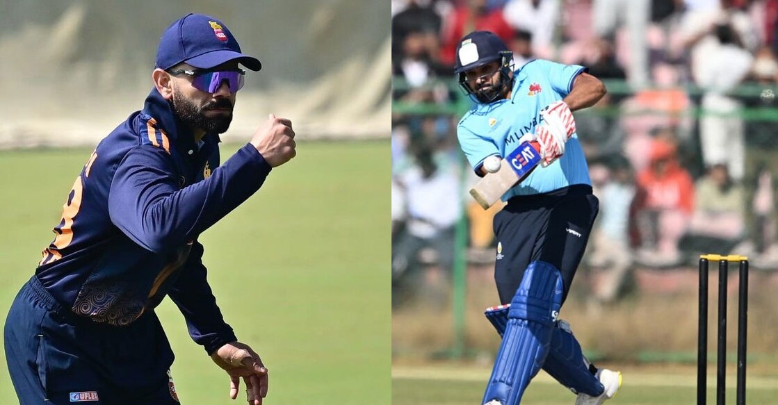 വിരാട് കോലി വിജയ് ഹസാരെ ട്രോഫി മത്സരത്തിനിടെ (X/@Iam_viratian_18),  മുംബൈയ്‌ക്കു വേണ്ടി രോഹിത് ശർമയുടെ ബാറ്റിങ്. (X/@akshhhuuu)