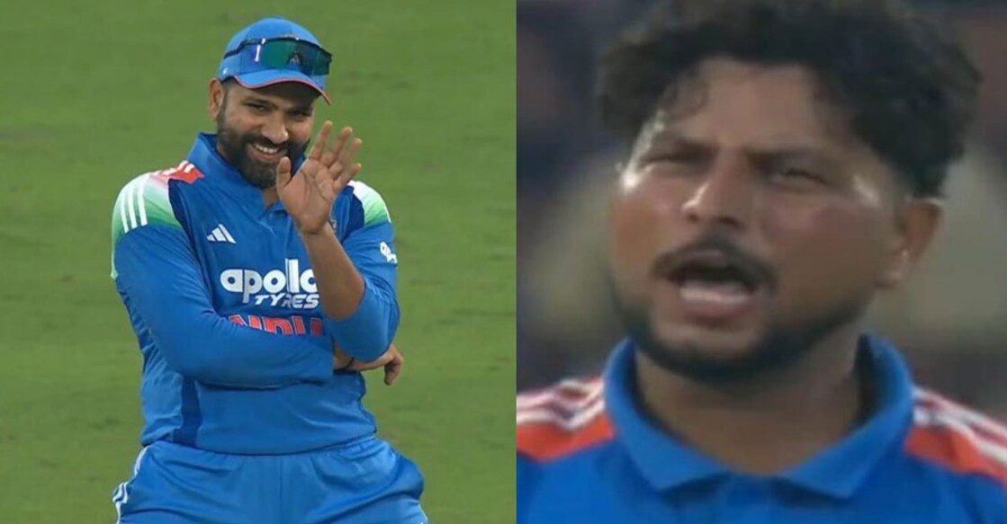 വിക്കറ്റിനായി അപ്പീൽ ചെയ്യുമ്പോൾ കുൽദീപിനെ കളിയാക്കുന്ന രോഹിത് ശർമ.