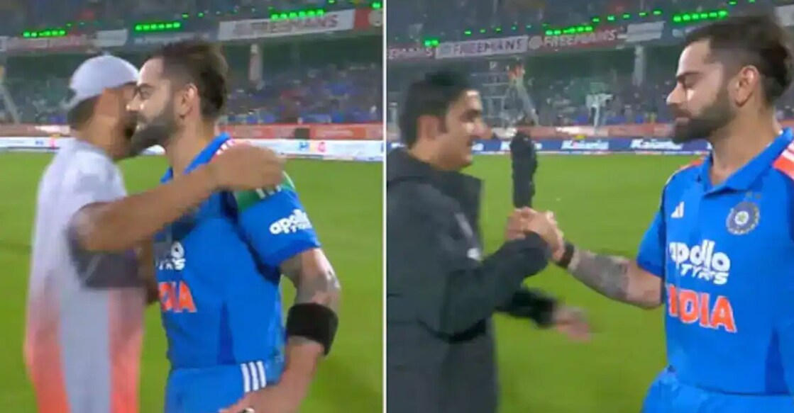 

ദക്ഷിണാഫ്രിക്കയ്‌ക്കെതിരായ മൂന്നാം ഏകദിനത്തിനു ശേഷം രോഹിത് ശർമയെ കെട്ടിപ്പിടിക്കുന്ന വിരാട് കോലി (ഇടത്), ഗൗതം ഗംഭീറിനു കൈ കൊടുക്കുന്ന വിരാട് കോലി. താരത്തിന്റെ മുഖത്തെ ചിരി മായുന്നതും കാണാം (വലത്) (വിഡിയോ ദൃശ്യങ്ങളിൽനിന്ന്)
