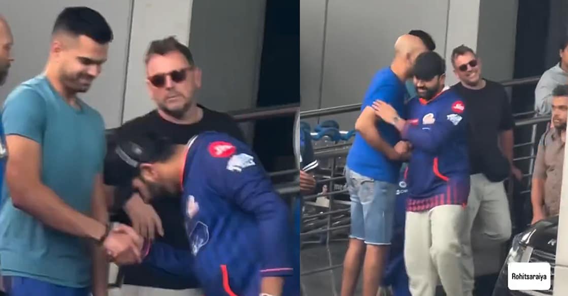മുംബൈ ടീം ക്യാംപ് വിടുന്ന രോഹിത് ശർമ അർജുൻ തെൻഡുൽക്കറിന് ഹസ്തദാനം നൽകുന്നു (വിഡിയോ ദൃശ്യം)