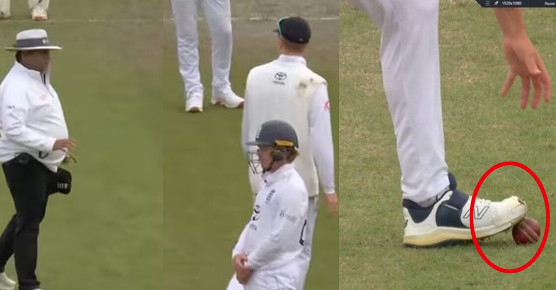  Screen Shot/JioHotstar), പന്തിൽ ഷൂവിട്ട് ചവിട്ടുന്ന ബ്രൈഡൻ കാഴ്സ് (Photo: X/@edgeofcricket)