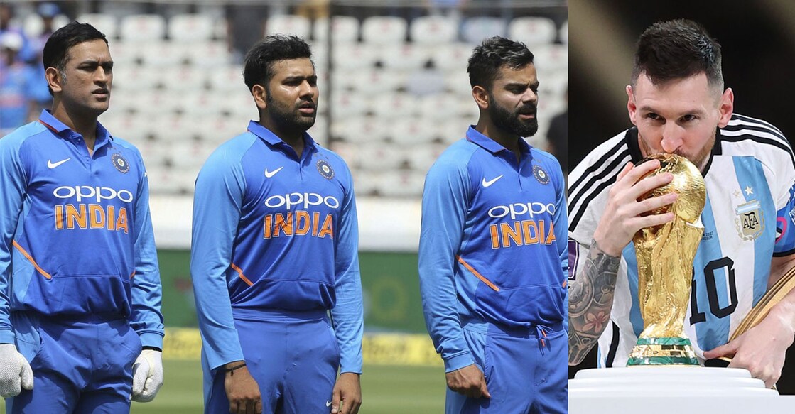 ധോണി, രോഹിത് ശർമ, വിരാട് കോലി എന്നിവർ (X/@BCCI), ലയണൽ മെസി (X/@FIFAcom)