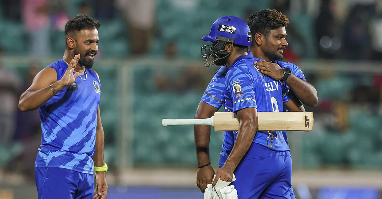 അർധസെഞ്ചറി തികച്ച ബൗണ്ടറിയിലൂടെ ടീമിന് വിജയവും; ആദ്യ ദിനം സ്വന്തമാക്കി ‘ചേട്ടൻ സാംസൺ’, ആദ്യ സീസണിൽ കളിച്ചത് ഒറ്റ മത്സരം– വിഡിയോ