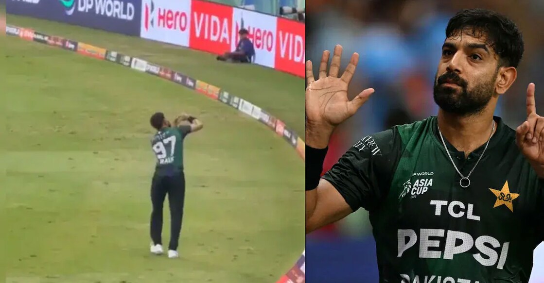 വിമാനം നിലപൊത്തുന്ന രീതിയിൽ പാക്ക് താരം ഹാരിസ് റൗഫ് കാണിച്ച ആംഗ്യം (X/@SportsCorner_IN), 6–0 എന്ന ആംഗ്യം കാണിക്കുന്ന ഹാരിസ് റൗഫ് (Photo by Sajjad HUSSAIN / AFP)