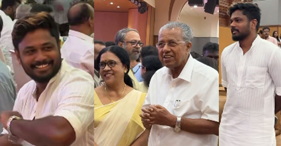 മുഖ്യമന്ത്രി ഒരുക്കിയ ഓണവിരുന്നിൽ പങ്കെടുക്കാനെത്തിയ സഞ്ജു സാംസൺ, മുഖ്യമന്ത്രി പിണറായി വിജയനും ഭാര്യ കമലയും (വിഡിയോ ദൃശ്യങ്ങളിൽനിന്ന്)