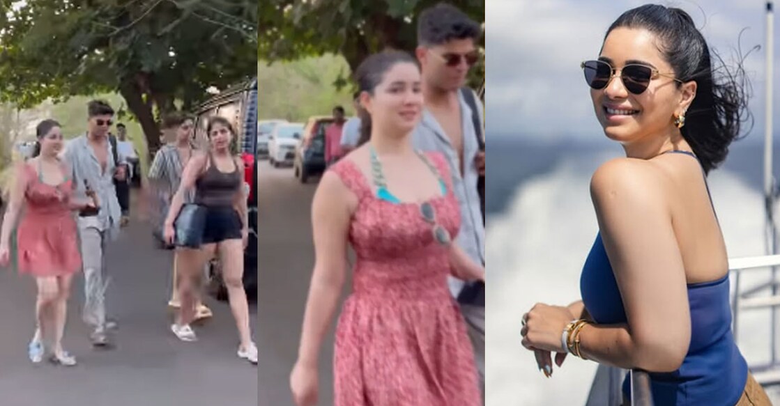 സുഹൃത്തുക്കൾ‌ക്കൊപ്പം സാറ നടന്നപോകുന്നതിന്റെ വിഡിയോ ദൃശ്യങ്ങളിൽനിന്ന് (ഇടത്, മധ്യത്തിൽ), സാറ തെൻഡുൽക്കർ (വലത്) Instagram/saratendulkar/