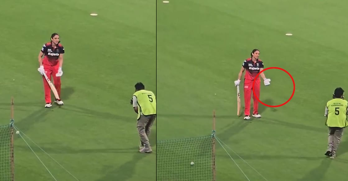 പരിശീലനത്തിനിടെ തൊട്ടരികിലെത്തി ദൃശ്യങ്ങൾ പകർത്തിയ ക്യാമറാമാനോട് ചൂടാകുന്ന സ്മൃതി മന്ഥന. (X/@RCBtweetzz)