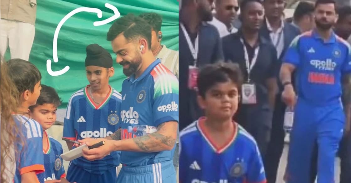 ആരാധകരായ കുട്ടികൾക്ക് ഓട്ടോഗ്രഫ് നൽകുന്ന വിരാട് കോലി (ഇടത്), കോലിയുടെ ചെറുപ്പകാലത്തെ രൂപവുമായി മുഖസാദൃശ്യമുള്ളതായി ആരാധകർ കണ്ടെത്തിയ കുട്ടി (വലത്) X/@Trend_VKohli