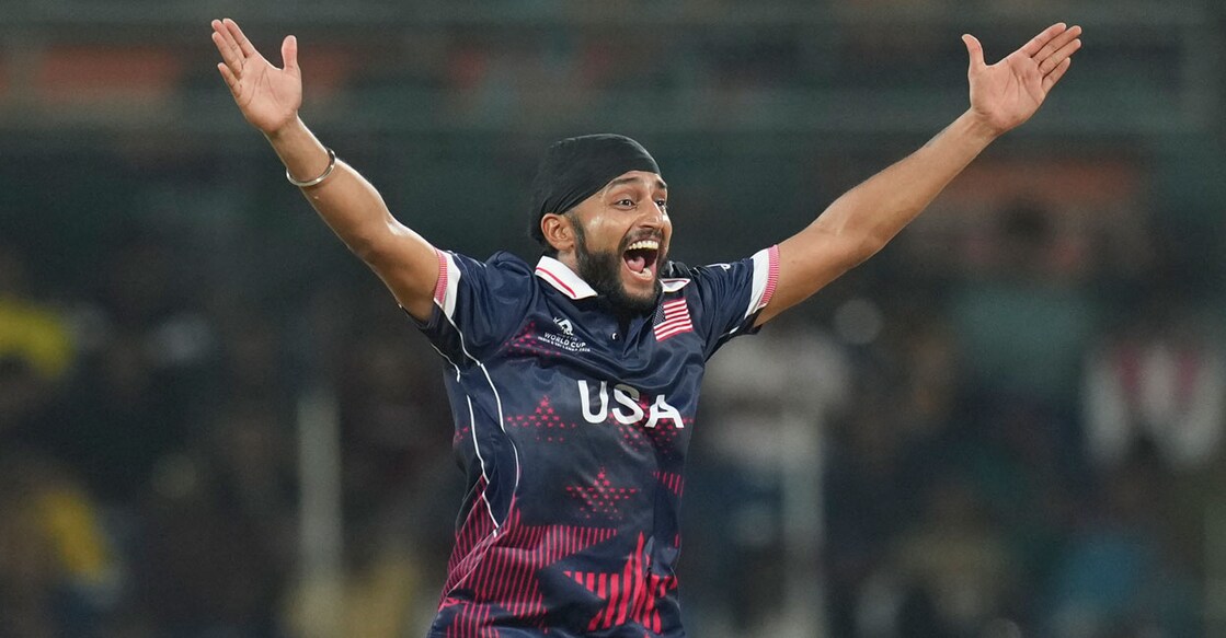  യുഎസ് ബോളർ ഹർമീത് സിങ് മത്സരത്തിനിടെ . (PTI Photo/Shailendra Bhojak) 