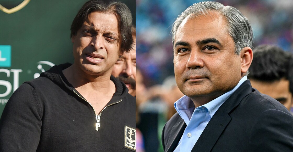 ശുഐബ് അക്തർ (Photo by FAROOQ NAEEM / AFP), മൊഹ്‌സിൻ നഖ്‌വി  (Photo by Sajjad HUSSAIN / AFP)