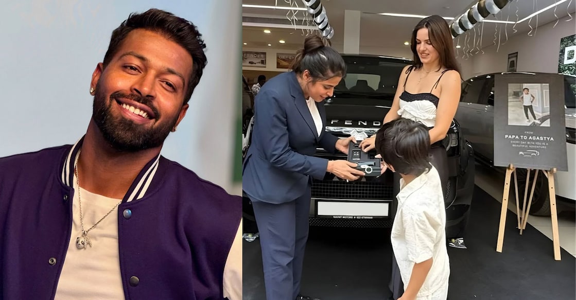 ഹാർദിക് പാണ്ഡ്യ (Instagram/hardikpandya93/),  നടാഷ സ്റ്റാൻകോവിച്ചും മകൻ അഗസ്ത്യയും ഷോറൂമിൽനിന്നു വാഹനം ഏറ്റുവാങ്ങുന്നു (Instagram/landrover_mumbai/)