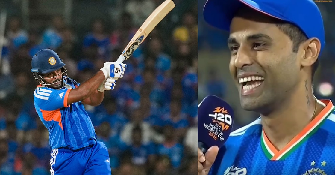 സിംബാബ്‌വെയ്‌‌ക്കെതിരെ സഞ്ജു സാംസന്റെ ബാറ്റിങ് (PTI Photo/R SenthilKumar) , ടോസ് സമയത്ത് സഞ്ജുവിന്റെ പേര് പറഞ്ഞപ്പോൾ ഉയർന്ന ആരവം കേട്ട് ചിരിക്കുന്ന ക്യാപ്റ്റൻ സൂര്യകുമാർ യാദവ്. (X/ICC)