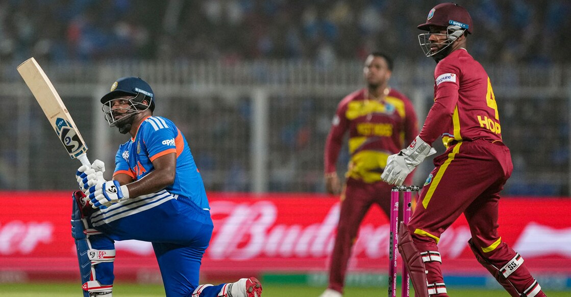  ട്വന്റി20 ലോകകപ്പിൽ വെസ്റ്റിൻഡീസിനെതിരായ മത്സരത്തിൽ ഇന്ത്യൻ താരം സഞ്ജു സാംസന്റെ ബാറ്റിങ്. (PTI Photo/Swapan Mahapatra) 